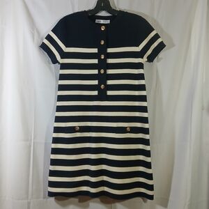 Zara Womens Small Blue Striped Knit Mini Dress Nautical Gold Buttons